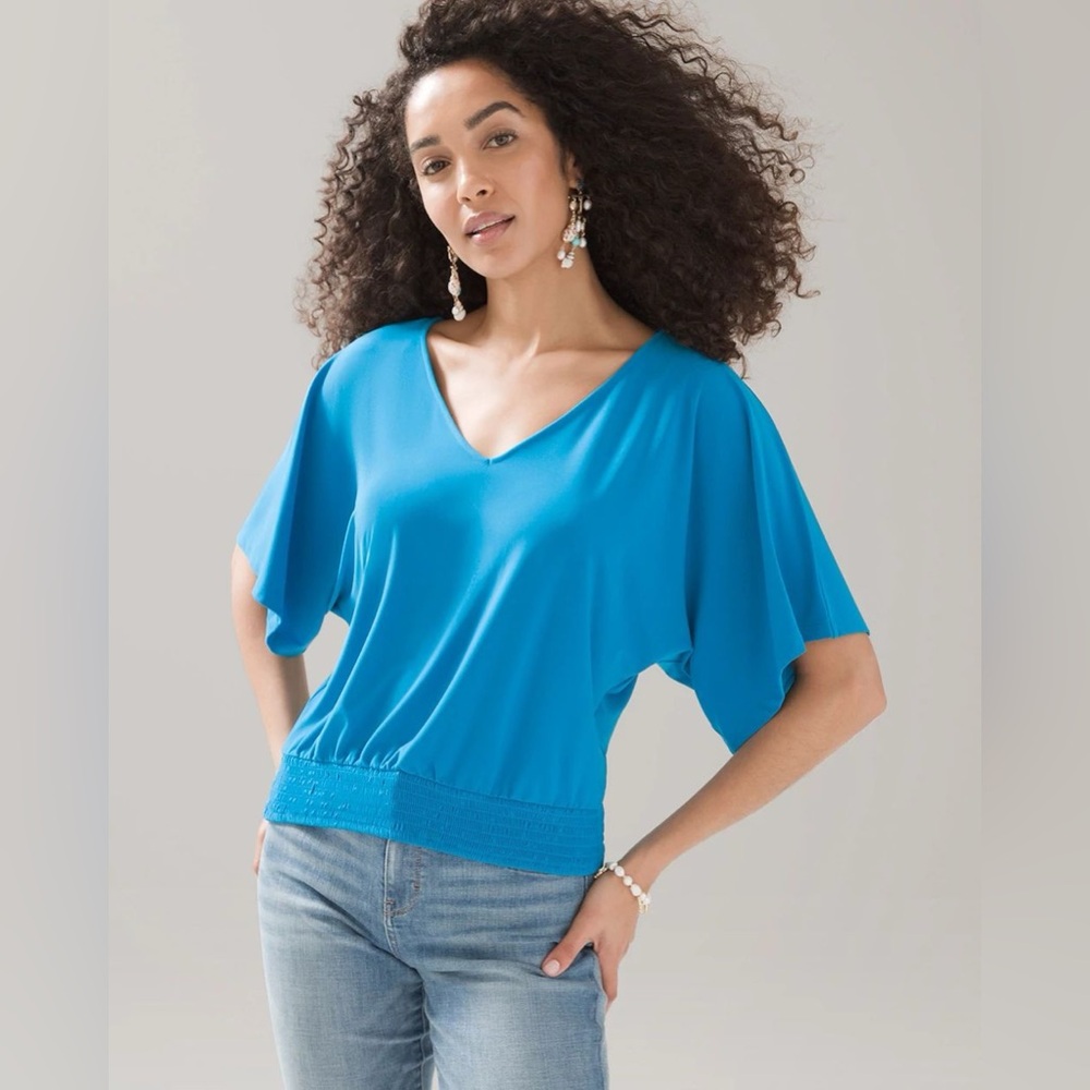 White House Black Market WHBM Matte Blue Jersey Kimono Tee Smocked Size Small